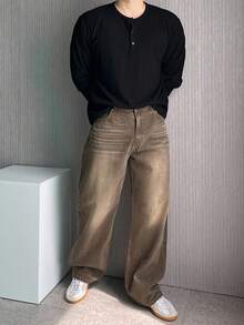 DAZY Jeans da uomo in stile vintage, colore marrone scuro, lavati e consumati, stile da strada, autunnali