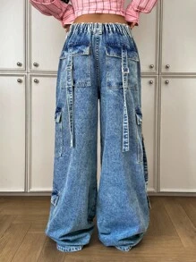 StreetHx Women's Cargo Pocket Pleated Wide Leg Loose Casual Jeans - Blue - View 2