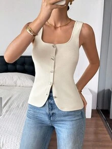 SHEIN Frenchy Women's Fashionable, Elegant, Button-Up, Sleeveless Knitted Vest For Everyday Wear.Work Blouses For Women,Going Out,Fall Women Winter - Apricot - View 7