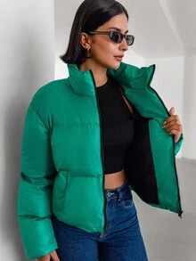 EURMUSE Áo khoác nữ mùa đông dài tay có khóa kéo cổ đứng thời trang thường ngày đa năng - màu xanh lá - Xem 1