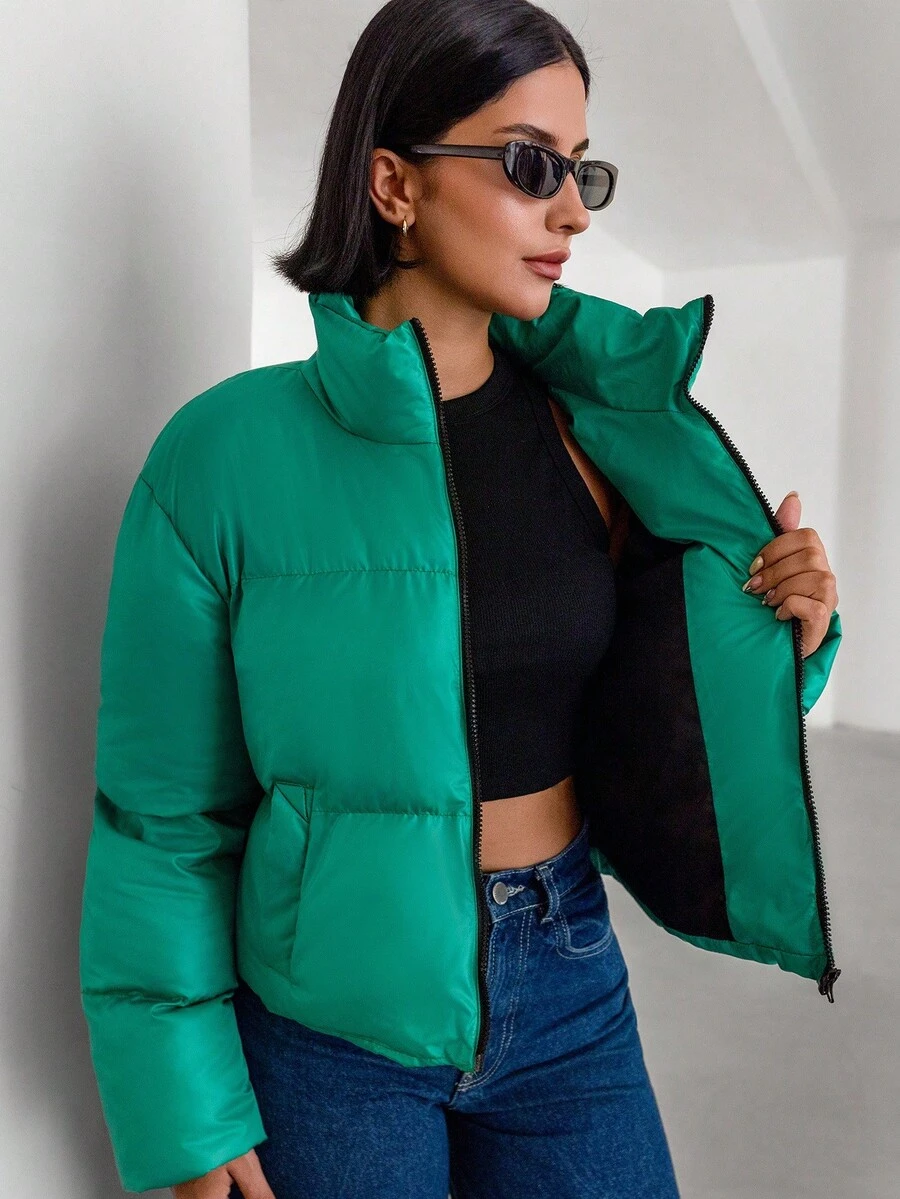 EURMUSE Áo khoác nữ mùa đông dài tay có khóa kéo cổ đứng thời trang thường ngày đa năng - màu xanh lá - Xem 1