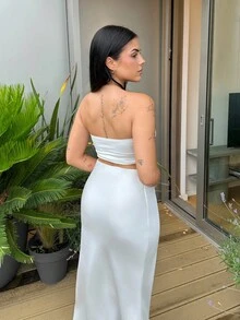 Lucia Bellido 商务休闲女士秋季女装秋冬优雅纯色编织高腰鱼尾下摆裙子 - 白色 - 查看 2