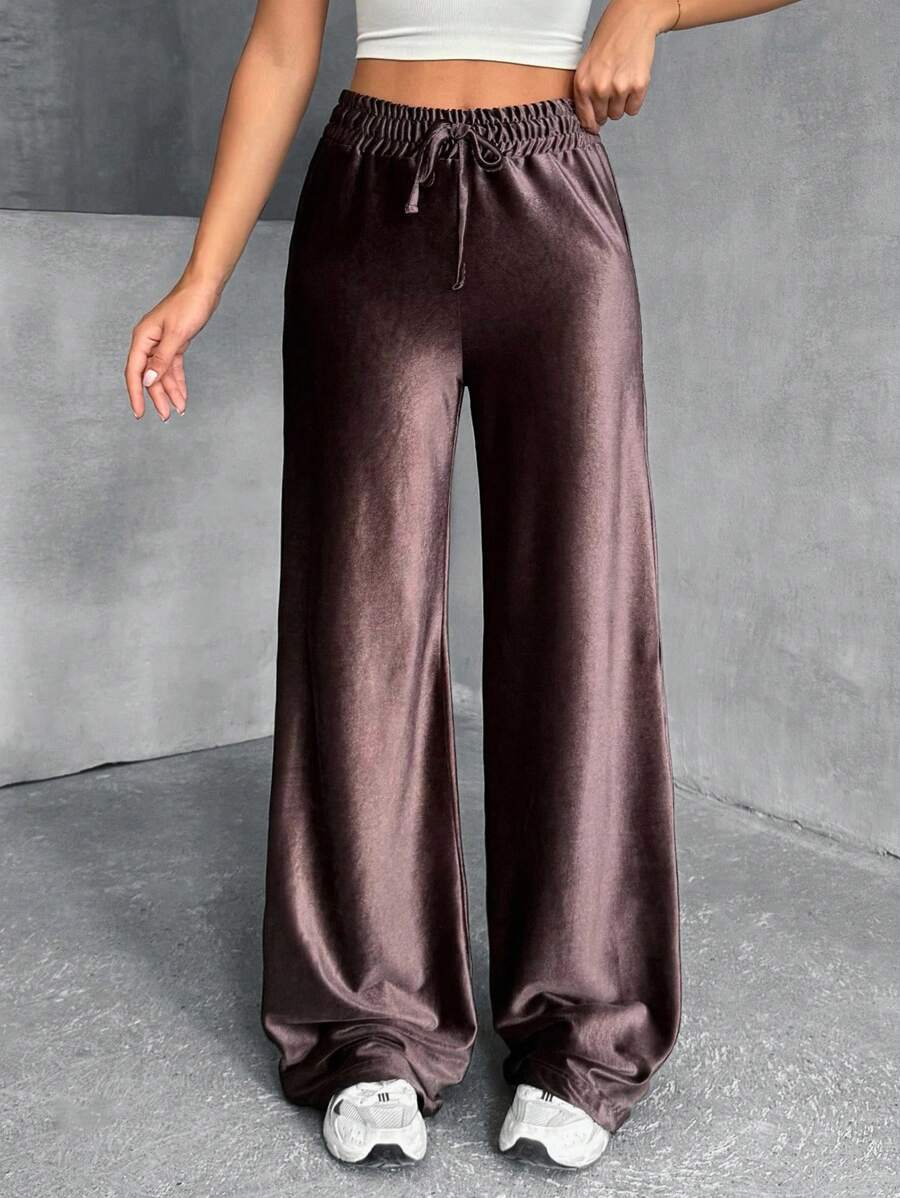 EURMUSE Women, Autunm, Brown, Velvet, Wide Leg, Loose Fit, Drawstring, Comfortable, Premium Quality Fabric - Brown - View 1