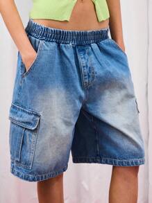 COUREZ Low Waist Elasticated Waistband Cargo Denim Shorts /Y2K  Women Clothes  Clothes Casual Cute Elegant Vacaction Summer Back To School - Light Wash - View 2