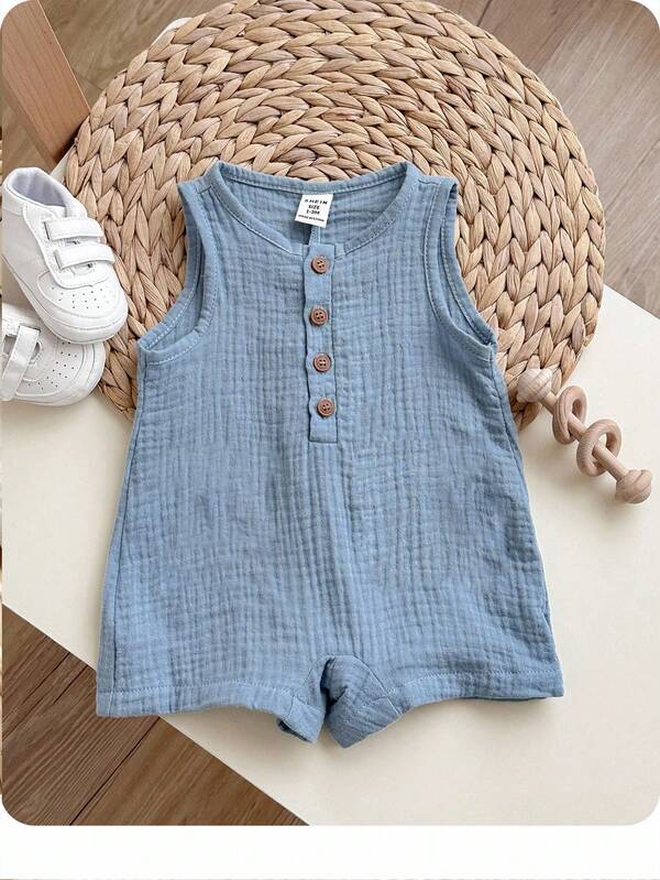 Newborn Baby Boy Summer Casual Vacation Cute Blue Sleeveless Romper, Suitable For Birthday Party, Evening Party, Performance, Wedding, One Month Celebration, Baptism And 1st Birthday Baby Shower