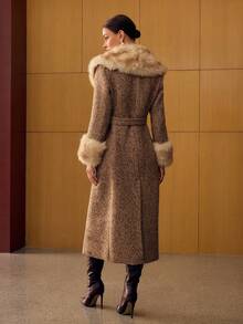 MOTF PREMIUM 女士羊毛混纺粗花呢中长款大衣，配仿皮饰边和毛领，秋冬 - 咖啡棕 - 查看 3
