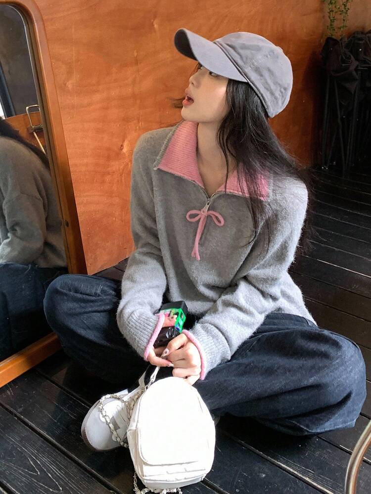 Women's Contrast Color Korean Style Casual Long Sleeve Sweater, Autumn/Winter