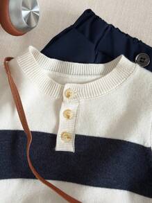 PrepCrw Baby Boys' Collegiate Style Blue & White Striped Crew Neck Long Sleeve Knitted Sweater Baby Boy Jumper Striped Sweater,In Fall/Winter - Blue and White - View 4