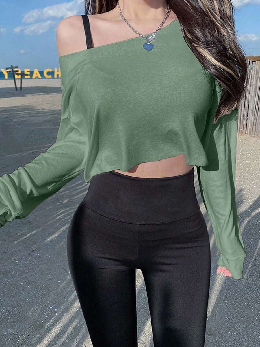 EURMUSE Tricou cu mânecă lungă, casual, versatil, cu guler asimetric, culoare solidă - Menta verde - Vizualizare 1