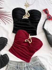 Soleia 女士金属装饰纹理褶饰修身抹胸上衣 外出上衣 女士约会之夜圣诞节秋季女士服装 Y2k 上衣 Gyaru 露肩上衣两件套 黑色 酒红色 金属装饰 - 紅色和黑色 - 查看 3