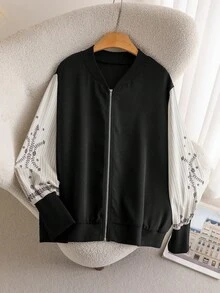 CosyJoli 大码休闲复古风格印花拼布撞色棒球夹克拉链大码外套女士休闲夹克拉链毛衣女士夹克休闲飞行员夹克女士长袖夹克女士飞行员夹克女士休闲秋冬 - 彩色 - 查看 3