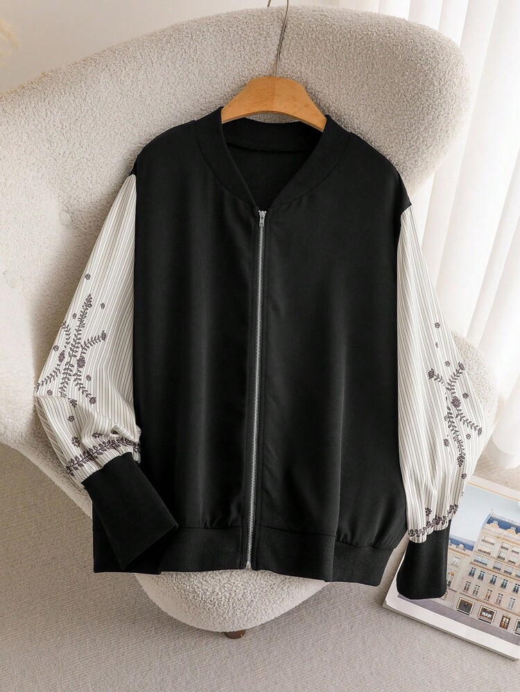 CosyJoli 大码休闲复古风格印花拼布撞色棒球夹克拉链大码外套女士休闲夹克拉链毛衣女士夹克休闲飞行员夹克女士长袖夹克女士飞行员夹克女士休闲秋冬 - 彩色 - 查看 3