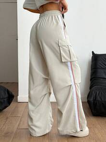 Coolane Quần ống rộng thể thao đơn giản có túi nắp bên hông, dây rút eo, màu kaki, thời trang dạo phố mùa hè và mùa thu cho nữ - Màu Khaki - Xem 6