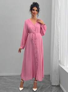 SHEIN Casual Comfortable V-Neck Front Button Long Sleeve Maternity Dress