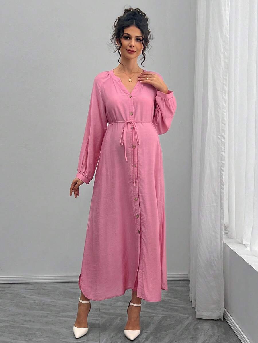 SHEIN Casual Comfortable V-Neck Front Button Long Sleeve Maternity Dress