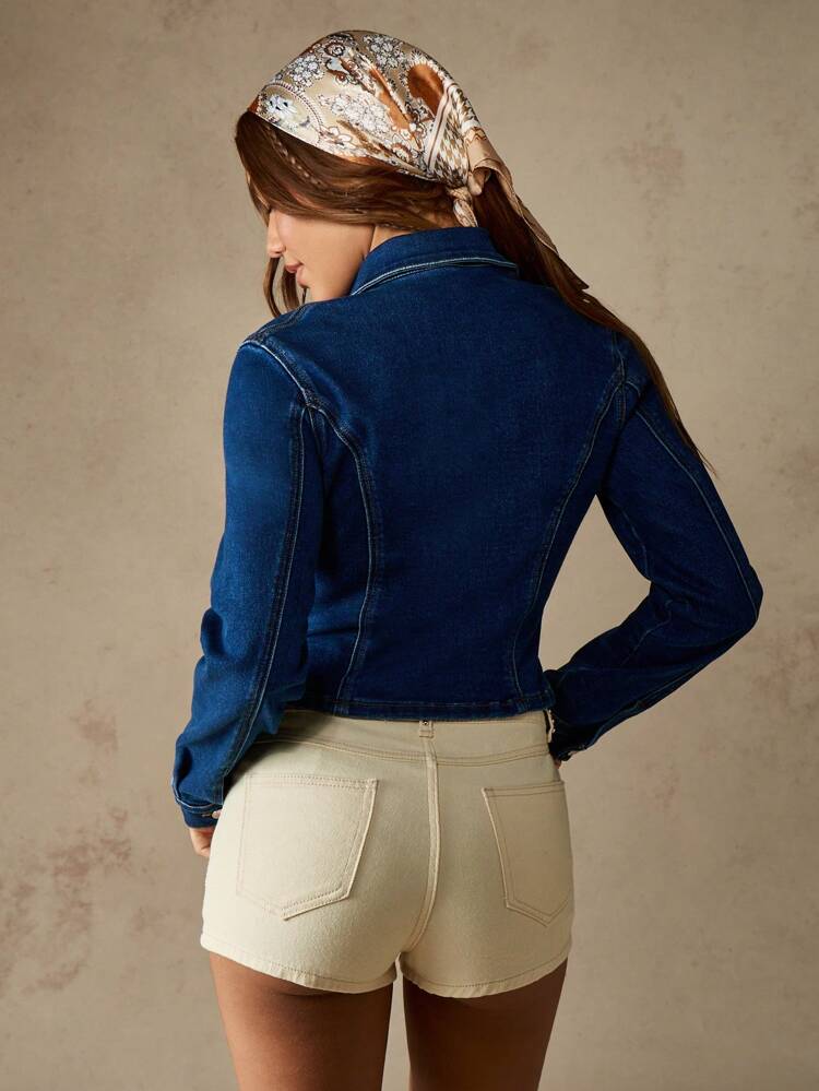 MISSGUIDED Fitted Cropped Denim Jacket Western Style Collared Button Down Long Sleeve Classic Autumn Spring Casual Streetwear Fashion