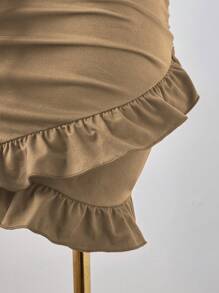 Sunspun Plus Size Sexy Solid V-Neck Tie-Up Ruched Waist Hollow Out Bodycon Dress - Khaki - View 5