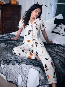 SHEIN Conjunto de Pijama de Bolso com Estampa de Abóbora e Fantasma de Halloween para Mulheres - Branco - Visão 5