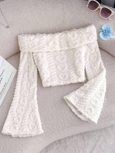 Blusa corta de manga acampanada con hombros descubiertos y corazón reversible de felpa para adolescentes, adecuada para otoño/invierno y vuelta al colegio