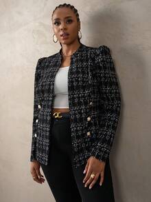 SHEIN Tall CURVE Giacca da donna taglie forti con decorazione fibbia in metallo, in tessuto finto tweed, giacca elegante da indossare tutti i giorni e casual da ufficio, blazer in tweed per donna taglie forti, giacca in tweed per donna taglie forti, blazer in tweed per donna in autunno/inverno