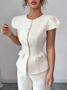 Modelyn 女士秋季套装，粗花呢圆领收腰蝴蝶结杏色纽扣上衣和直筒裤，两件套，适合外出和约会 - 杏色 - 查看 4