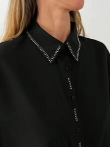 EURMUSE Langarm-Hemd mit klassischem Kragen, verziert mit kleinen Strass-Steinen entlang des Kragens und der vorderen Knopfleiste, eleganter und raffinierter Stil