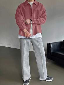 DAZY Chemise en velours côtelé de couleur unie pour hommes, ton baie feutré, chemise à manches longues pour hommes en automne