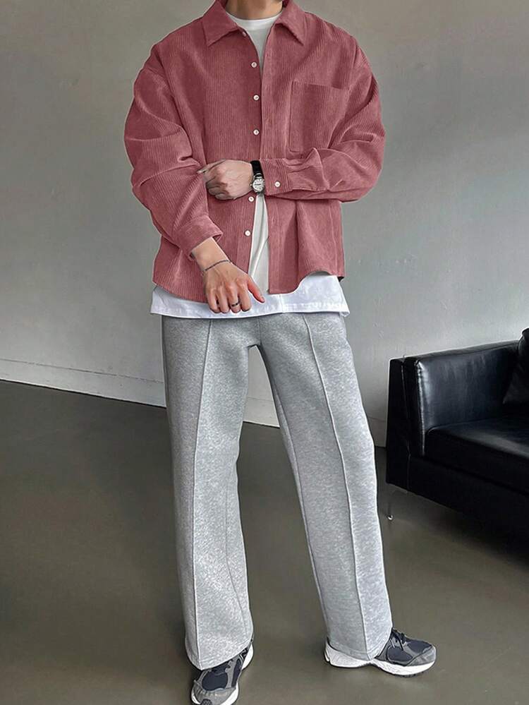 Men's Solid Color Corduroy Shirt, Muted Berry Tone, Autumn Long Sleeve Men Shirt