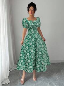Rafferiza Đầm mùa hè thanh lịch dành cho nữ, tay phồng, chất liệu jacquard, thắt eo. - màu xanh lá - Xem 3