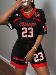 Slaydiva 休闲简约运动风格返校季亮粉紫色数字徽章字母图案条纹女士加大码T恤，适合夏季、运动季、返校季