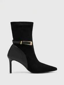 CUCCOO BIZCHIC 极简细跟踝靴，金属搭扣设计，优雅拼接高跟踝靴 - 黑色 - 查看 2