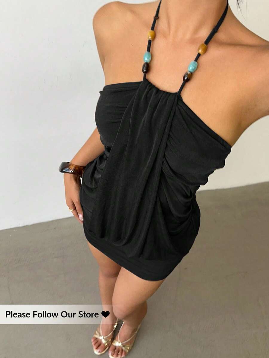 Aloruh 女式纯色串珠露背性感无袖迷你连衣裙 - 黑色 - 查看 1