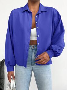 EURMUSE Women's Casual Solid Color Drop Shoulder Loose Long Sleeve Shirt, Versatile For Spring And Autumn - Royal Blue - View 4