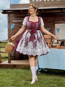 SHEIN Frenchy Dirndl-Kleid in Große Größen für Damen mit Bindedesign, Applikation und Netzeinsatz am Saum, elegantes Oktoberfest-Trachtenkleid im deutschen Traditionsstil - Bordeaux - Übersicht 4