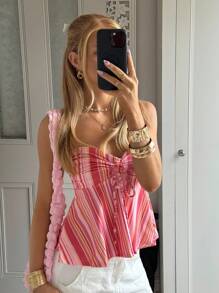 CovetEZ 女装甜美性感家居粉色彩虹条纹休闲胸前抽绳百褶模特上衣，舒适时尚百搭 - 粉色 - 查看 1