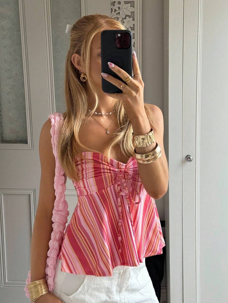 CovetEZ 女装甜美性感家居粉色彩虹条纹休闲胸前抽绳百褶模特上衣，舒适时尚百搭 - 粉色 - 查看 1