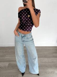 Siren Gaze 女士休闲优雅斜肩紫色波尔卡圆点褶皱短款上衣，适合夏季，适合日常穿着