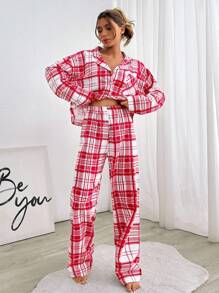 EURMUSE 2Pcs Cotton Button Front Plaid Pattern Pajama Set, Suitable For Christmas - Red and White - View 4