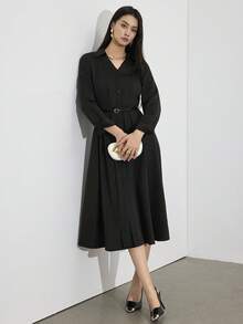 Heiryn Women's Elegant Commuter Solid Color Front Button Mid-Length Dress - Black - View 4