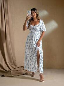 Roveilla Plus Size Summer Elegant Ditsy Floral High Slit Dress - Blue and White - View 1