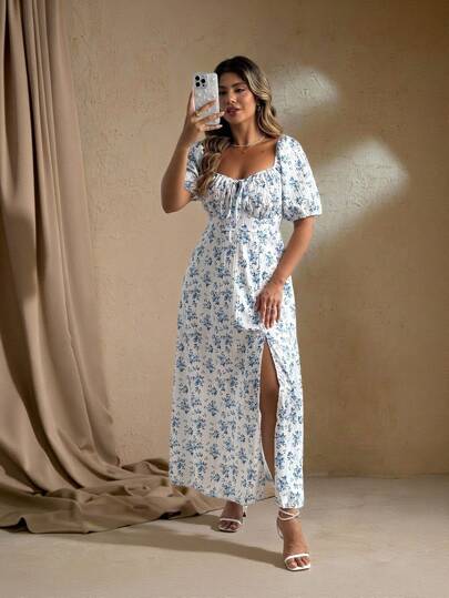 Roveilla Plus Size Summer Elegant Ditsy Floral High Slit Dress
