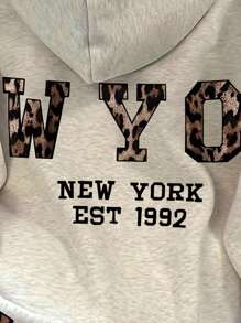 SHEIN Felpa con cappuccio donna con stampa leopardata e grafica a lettere, scollo a goccia, adatta per laurea, ritorno a scuola, insegnanti, pullover autunnale