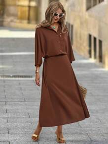 SHEIN Clasi Women's Elegant Autumn Shirt Dress 2 Pieces Set,Coffee Brown Vintage French Style Outfit,Teacher Outfits,Fall Clothes,Brunch Country Suit - Mocha Brown - View 7