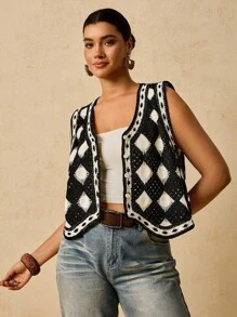 Travachic Áo len cardigan dệt kim họa tiết hoa nhiệt đới ngày lễ cỡ lớn cho nữ - Màu be - Xem 4