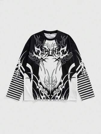 Goth Men's Fashion Dark Print Contrast Stripe Long Sleeve T-Shirt, Emo, 2000s Style