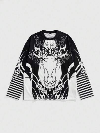 Goth قميص تي شيرت رجالي بأكمام طويلة مطبوع بنقوش داكنة وخطوط متباينة، طراز إيمو، طراز 2000