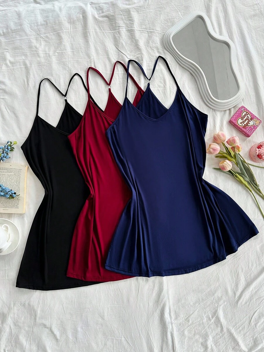 SHEIN 3 قطع مجموعة ثوب نوم حريري بلون أحادي مثير للمقاسات الكبيرة - متعدد الألوان - مشاهدة 1