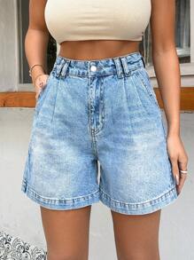 EURMUSE 100%Cotton HIGH WAIST PENS DETAILED STRAIGHT CUT SHORT - Medium Wash - View 3