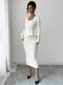 Elenzga 优雅女士两件套针织开衫和针织铅笔裙 - 米色 - 查看 5