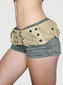 ROMWE Grunge Punk Y2K Punk Style Black Metal Rivet Grommet Multi-Pocket Adjustable Metal Buckle Fanny Pack, Streetwear Personalized Fashion Wide Belt For Women - Apricot - View 2